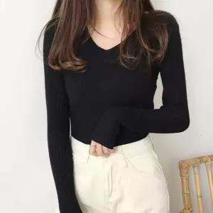 레이온 부드러운 골지 니트 브이넥 티셔츠 슬림핏 bLT9+4SJp