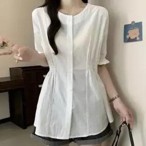 [의류] 노카라 스모크밴딩 포인트 프릴 롱 블라우스