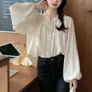 [의류] 프릴 도트패턴 블라우스 여유핏 체형커버 벌룬소매