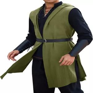 런카티 남성 르네상스 의상 후드 서코트 중세 기사 민소매 튜닉 탑 타바드 바이킹 할로윈 망토