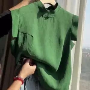 여성용 그린 빈티지 소프트 오늘도예쁜 민소매 쇼트 블라우스 셔츠 칼라 치파오 컬러 OOTD1