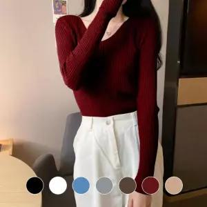 브이넥 기본 니트 티 데일리 이너 가을 골지 긴팔 쫄티