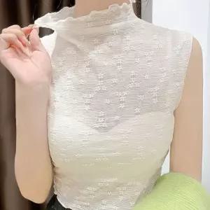 여자 예쁜 프릴넥 플라워 패턴 포인트 시스루 스타일 크롭 민소매 레이스 티셔츠 반팔