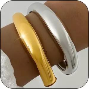 여성용 Ccjmyl 청키 골드 뱅글 14k 도금 트위스트 힌지 스태커블 브레이슬릿 세트 트렌디한 커프 스택 패션