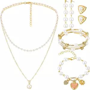 글렌말 진주 라인스톤 여성용 주얼리 세트 결혼식 생일 신부 샤워 티 파티용 목걸이 팔찌 귀걸이