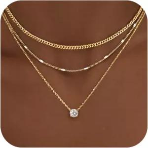 여성용 레이어드 골드 목걸이 큐빅 지르코니아 서클이 포함된 14K 스털링 실버 도금 고급 펜던트 세트 청키