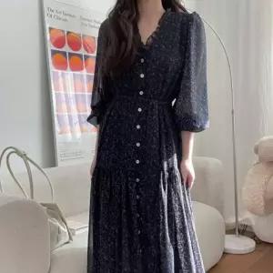 여성 봄 가을 브이넥 셔링 긴팔 롱 원피스 네이비 휴양지 룩 돌잔치엄마 봄쉬폰 결혼식