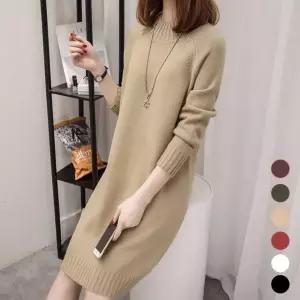 여성 봄 가을 겨울 무지 심플 디자인 니트 원피스 미디 롱원피스 반팔 프릴 브이넥