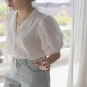 [의류] 반팔블라우스 블라우스 프릴블라우스 시스루 퍼프소매