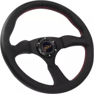 미아딜라 유니버설 14인치 블랙 스포츠 레이싱카 6볼트 순정 가죽 스티어링 휠 경적 버튼이 있는 알루미늄