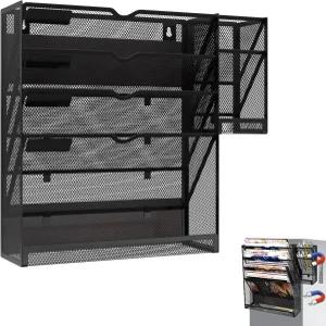 KZWKRG 마그네틱 파일 홀더 정리함 벽걸이 5단 걸이식 메일 폴더 메시 데스크 액세서리 및 펜 3개가 있는