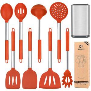 실리콘 조리기구 논스틱 스키머 스테인리스 주걱 파스타 스틸 터너 스푼 손잡이 세트 주방 프리 BPA RED 8개 포크가 도구 내열
