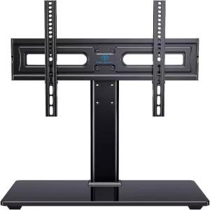 32-65인치 TV 높이 조절 가능한 베이스용 PERLESMITH 유니버설 스위블 스탠드 테이블 탑 고강도 강화 유리