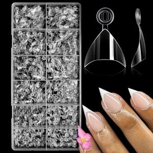 AddFavor 600pcs 숏 스틸레토 네일 팁 소프트 젤 클리어 페이크 하프 커버 12 사이즈 아크릴 연장 살롱 및