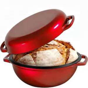 2-in-1 다기능 에나멜 주철 더치 오븐 이중 손잡이가 있는 6QT 로프 팬 사워도우 굽기 로스팅 브레이징