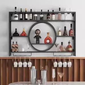 HFTUW 39인치 금속 벽걸이 와인 랙 유리잔 홀더가 있는 3단 바 선반 홈 식당 및 주방용 대용량 주류 병