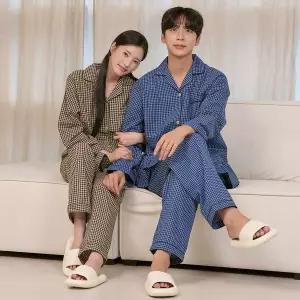 [하프클럽/버블돌]피에르 긴팔 잠옷 남녀공용 커플 체크 투피스 홈웨어 파자마 4colors