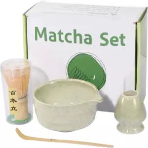 말차 거품기 세트 - 일본 다도 키트(다크 그린 볼 포함) 대나무 거품기(채센) 세라믹 홀더 스테인리스 스쿱