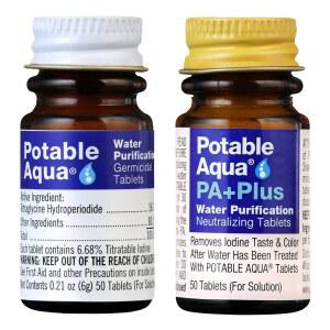 PA 플러스가 포함된 휴대용 아쿠아 정수 정제 - 50캔 병 2개