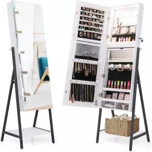 코스트웨이 LED 전신 거울 주얼리 캐비닛 3색 조명과 하단 수납 선반이 있는 스탠딩 정리함 여성용 잠금식