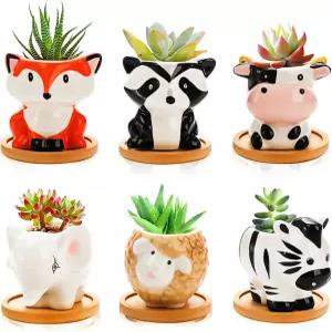 배수 구멍이 있는 작은 다육 화분 6팩 접시가 3인치 귀여운 세라믹 동물 독특한 공기 식물 홀더 실내