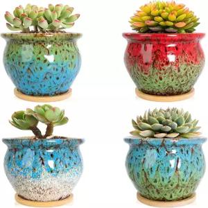 아르케티 다육 화분 - 배수 트레이가 있는 작은 4팩 실내 식물용 4.5인치 세라믹 다채로운 선인장 꽃