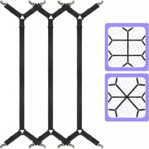 루예나 침대 시트 스트랩 풀사이즈 침대용 PCS 및 홀더 3개 조절 가능한 십자형 맞춤 클립 블랙