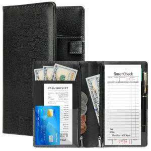 웨이트리스용 서버 북 가죽 웨이트리스 지퍼 포켓과 머니 포켓이 있는 검은색 서빙 웨이터 대기자 정리함이