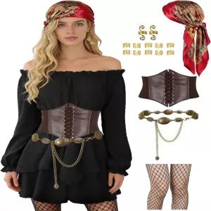 SOOFILM 해적 의상 여성 르네상스 드레스와 액세서리 할로윈 코스프레를 위한