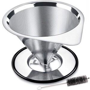 [미국배송] LHS 커피 드립퍼 스테인리스 스틸 필터 금속 콘 종이 없는 재사용 가능한 싱글 컵 메이커 1-2 컵 미끄럼 방지 스탠드 및 청소 브러시 포함