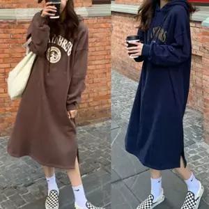 [에이치플러스몰]롱 트임 니트 후드 원피스 루즈핏 레터링 카라 하객룩