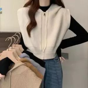 [의류] 여성 3컬러 캐주얼룩 니트조끼 후드집업 니트베스트