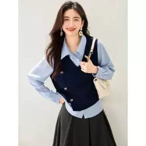 여성용 롱 가을 투피스 루즈핏 셔츠 가짜 톱 스포M3