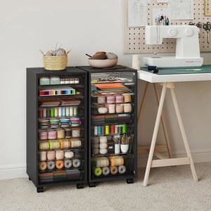 WOPITUES 수납 달린 서랍장 10개의 바퀴 크래프트 있는 클리어 블랙 카트 이동식 사무용품 수납장 나무 다용도 아트 메이크업 대형 서랍이