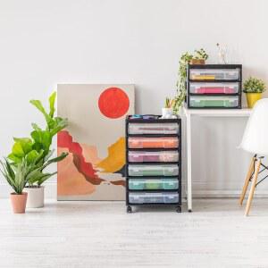 IRIS USA 12인치 내장된 문구 사무용품 용품 블랙 공예 도구 6개 보관 손잡이에 클리어 카트에 케이스 종이 스크랩북 6단 비닐