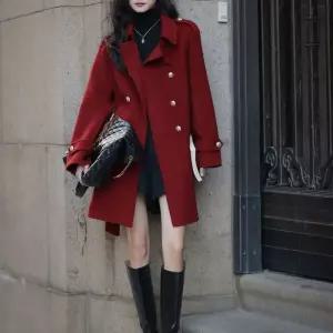 더블코트 여성 데일리 숏타입 허리 스트랩 더블 코트 레드