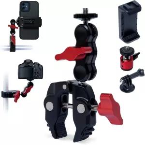 파워텍 슈퍼 클램프 카메라 마운트 360° 더블 볼 헤드 어댑터 GoPro/Phone 삼각대 및 자전거 책상 미니