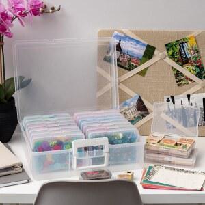 IRIS USA 2팩 4인치 보관함 사진 6인치 16개의 클리어 보관함 에페메라 작업용 공예품 있는 용기가 스티커 플래시카드 그림 정리함