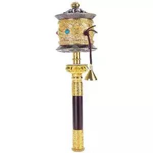 티베트 불교의 여섯 글자 진리 프리미엄 부처님 경전이 있는 구리 큰 손이 든 기도 수레바퀴 축복 명상