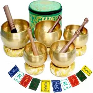 티베트 노래 그릇 5종 세트 요가 릴랙세이션 차크라 핸드메이드 기도 깃발 나무 망치 5개 실크 쿠션