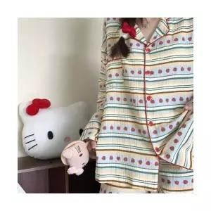 커플 잠옷세트 스트라이프 딸기 파자마 봄 가을 편안한 면 긴팔 실내복 세트 패피3