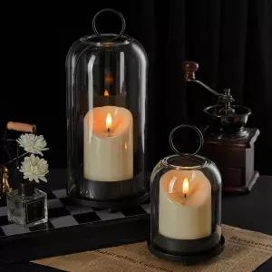 황동 소재의 수제 유리 돔과 2개의 타이머 캔들이 있는 간우 5인치 및 4인치 금속 캔들 홀더 기둥 캔들과