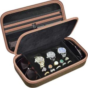 남녀용 주얼리 박스 시계 케이스 정리함 - 수납공간 3개 안경 슬롯 2개 반지 홀더 10개 목걸이 팔찌용 메시