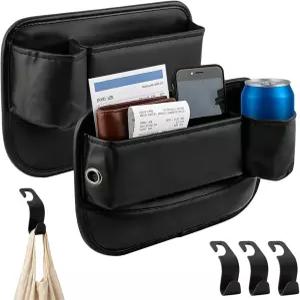 2팩 카시트 필러 정리함 물컵 홀더가 있는 시트 갭 보관함 및 4개의 헤드레스트 후크 대부분의 자동차에