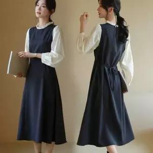 [에이치플러스몰]여성용 레이스 카라 긴팔 니트 원피스 하객룩 롱 스타일