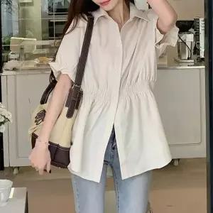 여자 카라넥 벌룬소매 프릴 디테일 허리밴딩 블라우스