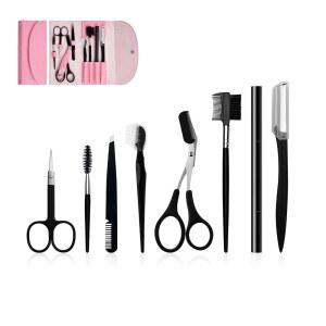 눈썹 그루밍 & 트리밍 키트, 8피스 스테인리스 스틸 핀셋, 보호 가드가 있는 가위 및 면도기, 여성 남성용 상세 가이드 u2013 휴대용 여행 케이스