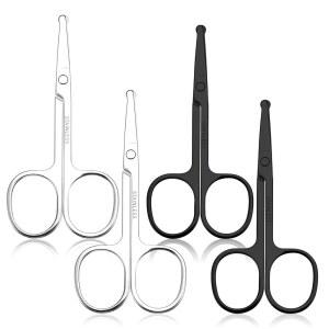 XLiUAX 4개 코털 가위, 둥근 팁 눈썹 가위 스테인리스 스틸 블런트 트리머는 코 속눈썹 트리밍 콧수염 그루밍을 위해 비강을 해치지 않습니다