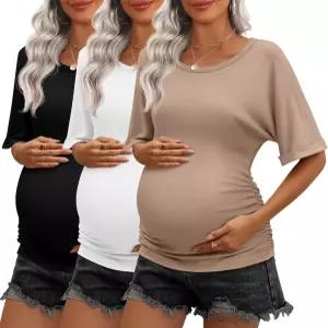 Ficerd 3팩 임산부 셔츠 면 반소매 사이드 루즈 탑 크루넥 튜닉 티 여름 캐주얼 임신복