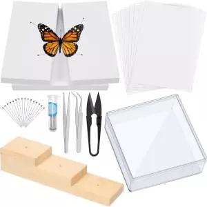 Mardatt 15Pcs 곤충 표본 도구 키트 고정 블록이 있는 보드 핀 종이를 누르는 날개 진열 케이스 핀셋 가위